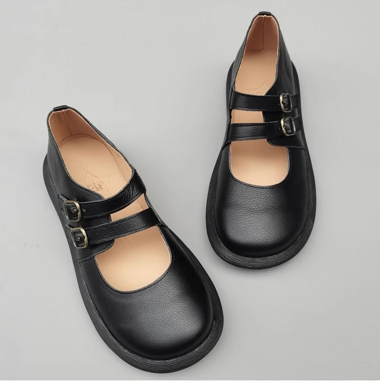 Women's Wide Toe Box Double Buckle With Handmade Leather Mary Jane Flats