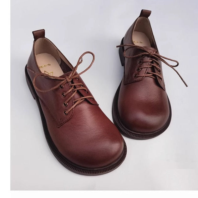 Women's Handmade Wide Toe Box Leather Lace-Up Casual Flat Shoes