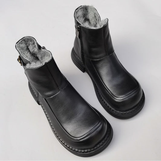 Women's Vintage Wide Toe Leather Derby Boots – Shearling Lined Winter Ankle Boots