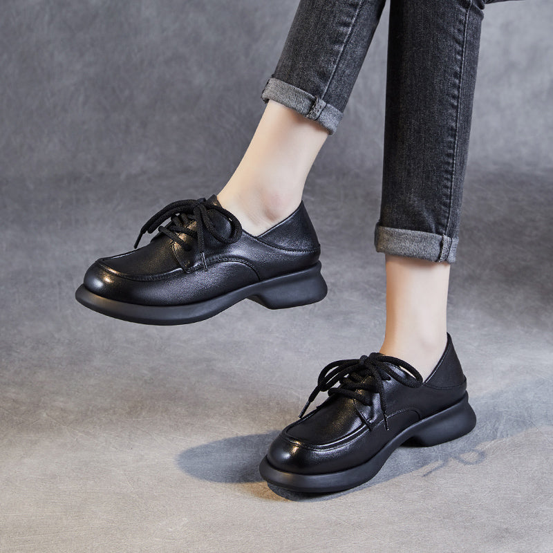 Women's Leather Comfortable Casual Chunky Heel Lace-Up Shoes