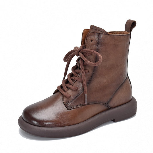 Women's Genuine Leather Casual Boots – Lace-Up & Zipper Design