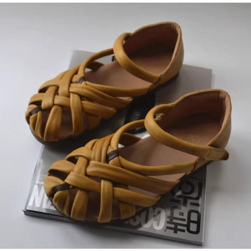 Women's Leather Hand-Woven Velcro Flat Sandals