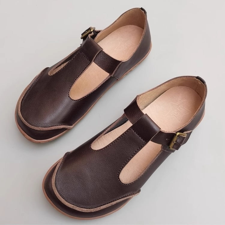 Handmade Vintage Genuine Leather Soft Lightweight T-Strap Mary Jane Shoes for Women