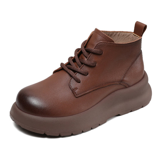 Women's Leather Lace-Up Platform High-Top Shoes – Casual & Comfortable