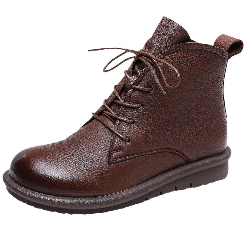 Women's Retro Leather Ankle Boots – Flat Sole, Lace-Up & Zipper