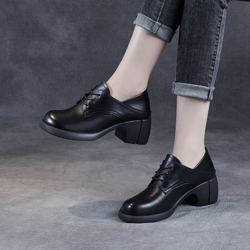 Women's Leather Retro Lace-up Block Heel Oxford Shoes