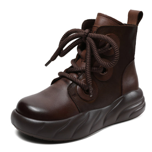 Women's Genuine Leather Lace-Up Ankle Boots – Casual Platform Chunky Sole