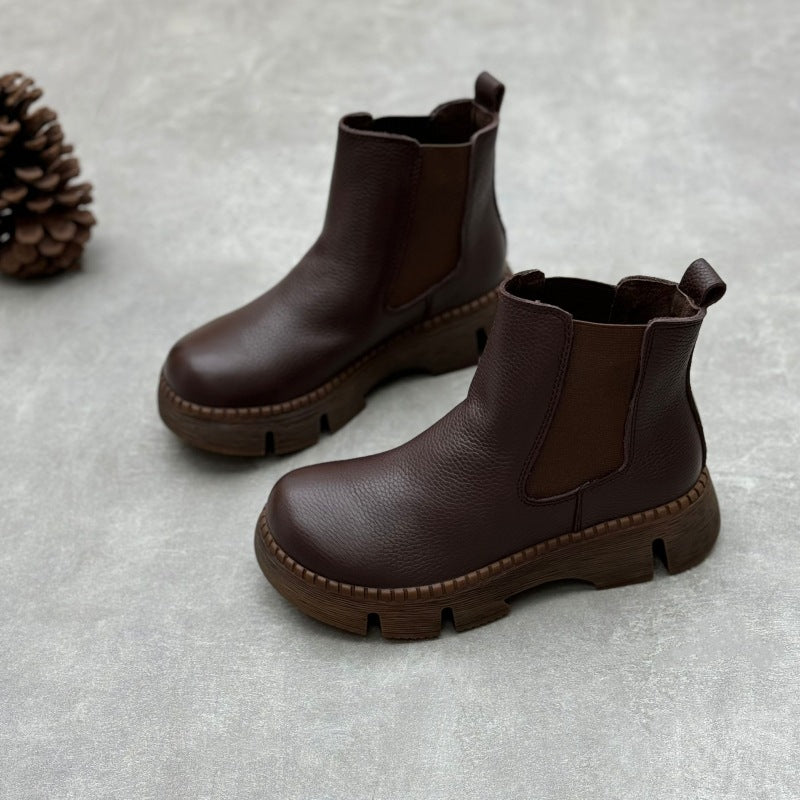 Women's Platform Leather Chelsea Boots – Round-Toe Ankle Booties