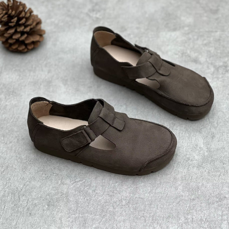 Comfortable Vintage Leather Velcro Mary Jane Flats Womens Shoes