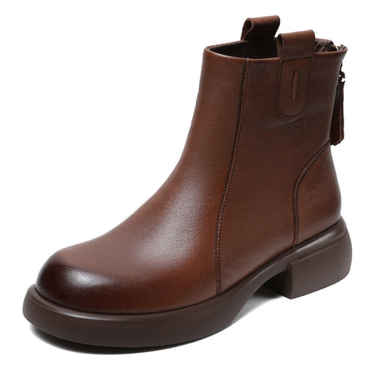 Women's Low Heel Casual Genuine Leather Boots with Back Zipper
