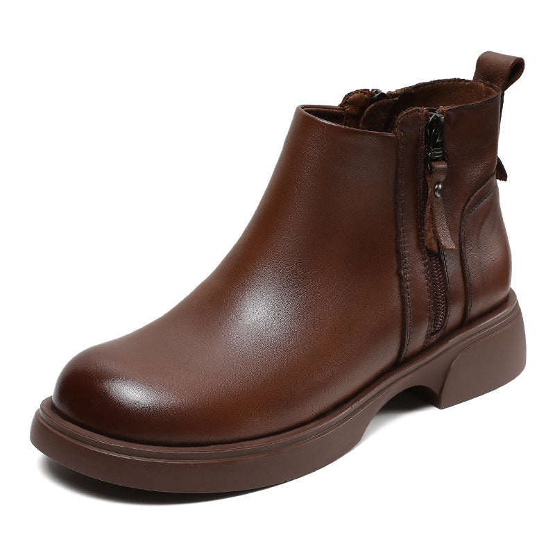 Women's Genuine Leather Casual Ankle Boots – Comfortable Double Zipper Design