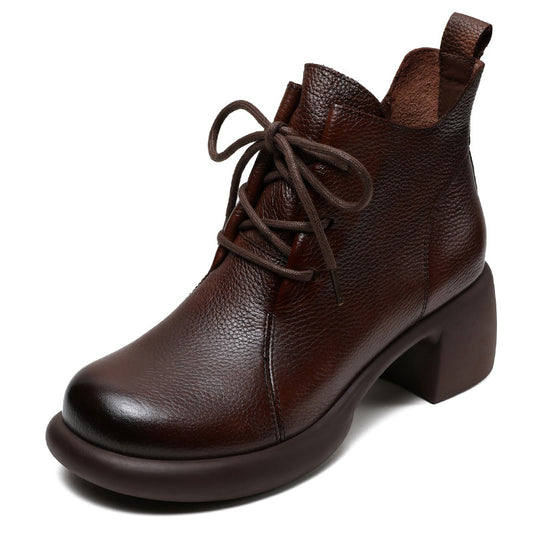 Women's Casual Lace-Up Ankle Boots – Round Toe Block Heel with Side Zipper