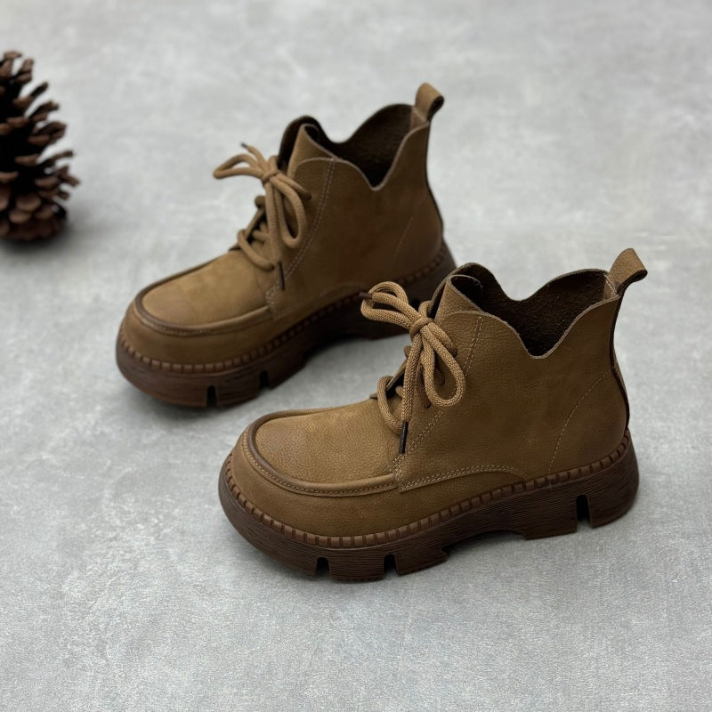 Women's Vintage Leather Lace-Up Boots – Soft Platform Short Ankle Shoes