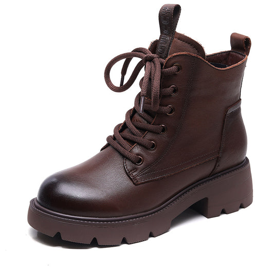 Women's Retro Platform Leather Ankle Boots – Zip & Lace-Up Design