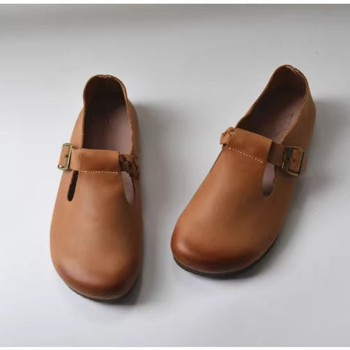 Women's Wide Round-Toe Genuine Leather Soft Flat Casual Shoes