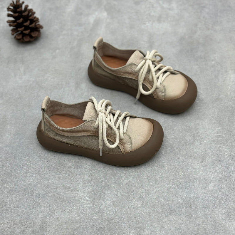 Women's Soft Leather Lace-Up Flats – Round Toe Comfort Shoes