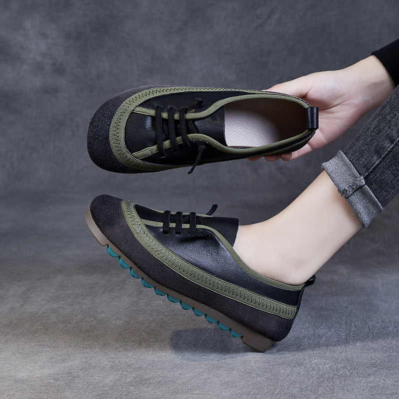 Women's Leather Casual Daily Walking Lace Up Flat Shoes