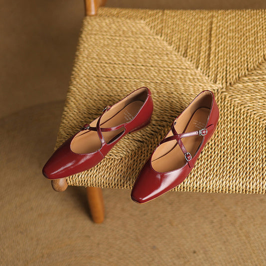 Women's Handmade Vintage Cross Strap Buckle With Elegant Low Heel Mary Jane Shoes