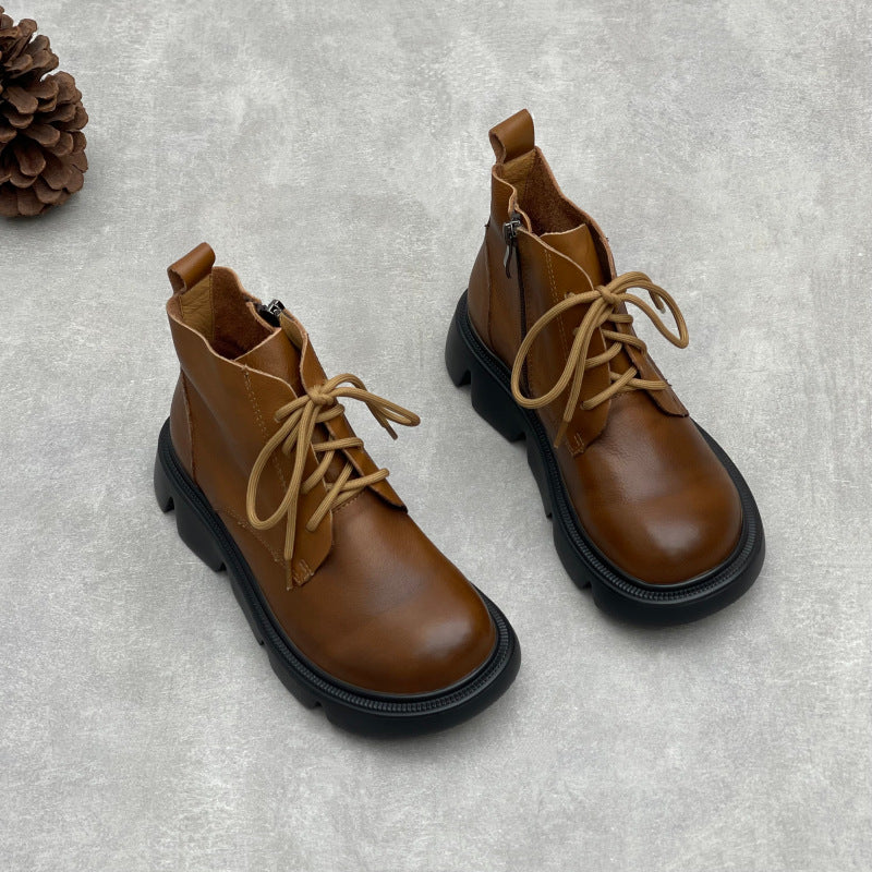 Women's Vintage Leather Platform Ankle Boots – Lace-Up Zipper Style