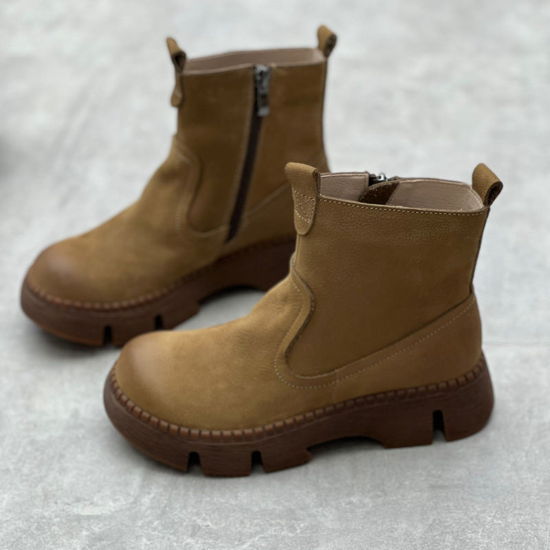 Women's Leather Side Zipper Platform Boots – Comfortable & Casual