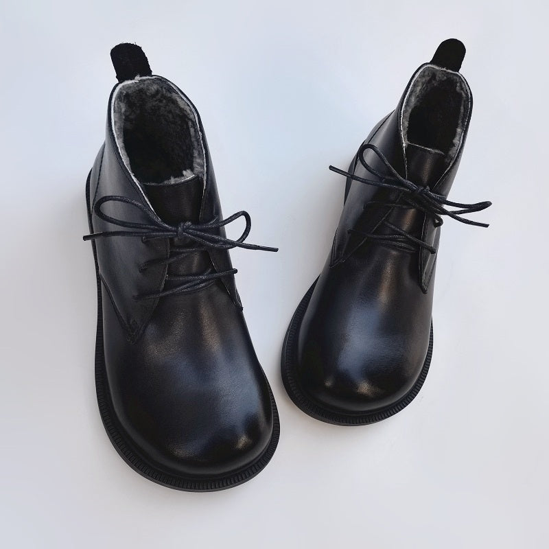Women's Vintage Wide Toe Leather Boots – Handmade Wool Lined Short Boots