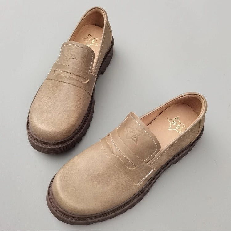 Women's Leather Mid Heel Chunky Loafers – Japanese Style & Non-Slip Sole