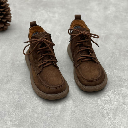 Women's Vintage Leather Lace-Up Zipper Ankle Boots – Flat Casual Comfort