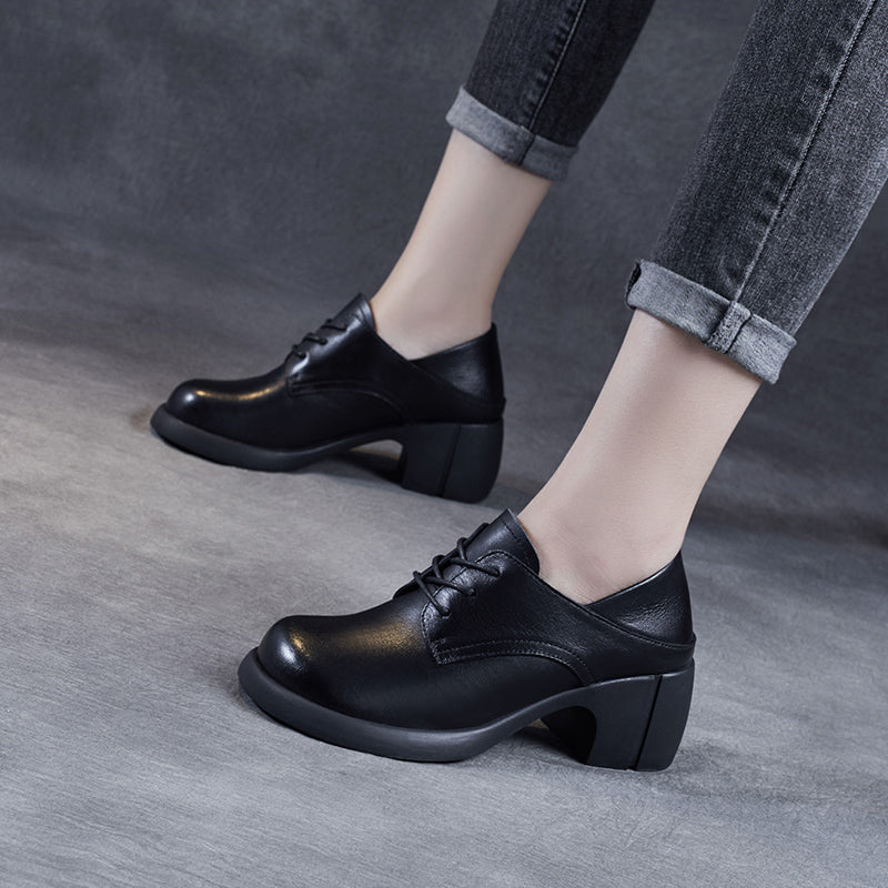 Women's Leather Retro Lace-up Block Heel Oxford Shoes