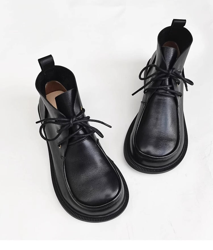 Womens Genuine Leather Wide Toe Lace-up Ankle Boots