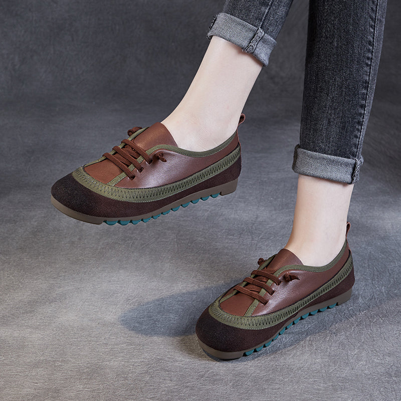 Women's Leather Casual Daily Walking Lace Up Flat Shoes