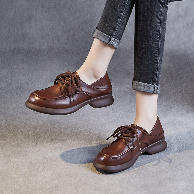Women's Leather Comfortable Casual Chunky Heel Lace-Up Shoes