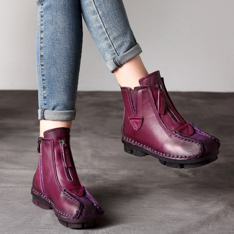Women's Retro Leather Short Boots – Handmade Stitch Detail & Side Zipper