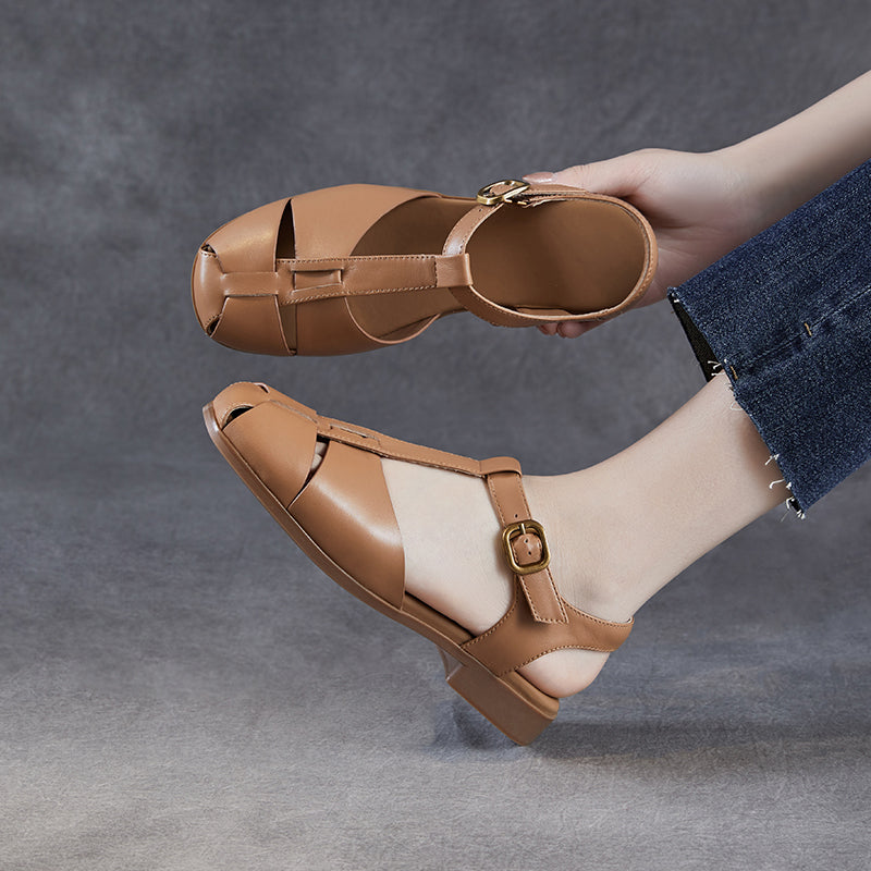 Women's Leather Summer Closed Toe T-Strap Comfort Sandals