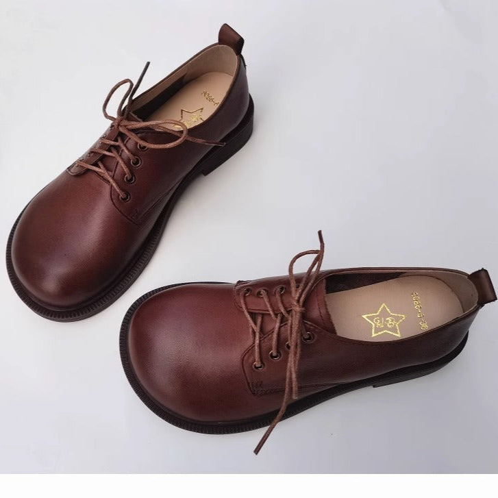 Women's Handmade Wide Toe Box Leather Lace-Up Casual Flat Shoes