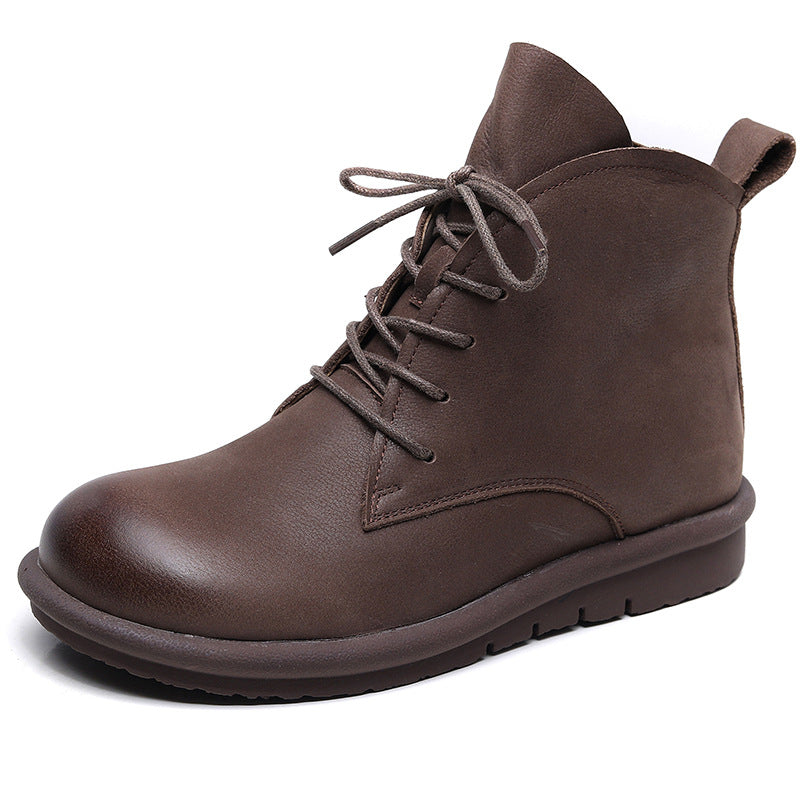 Women's Retro Leather Ankle Boots – Flat Sole, Lace-Up & Zipper