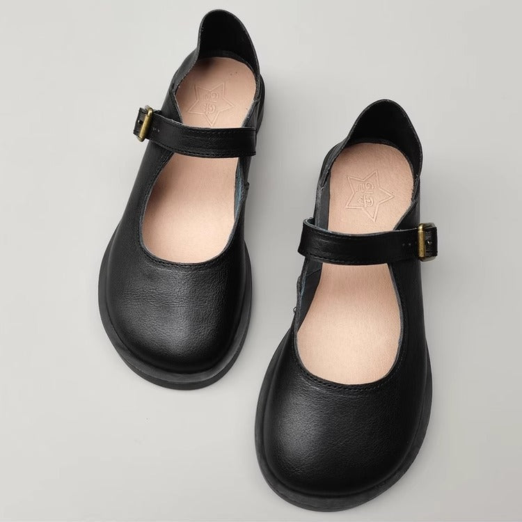 Women's Wide Toe Box Genuine Leather Mary Jane Flats – Buckle, Round Toe Shoes