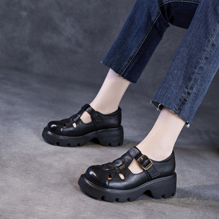 Women's Leather Summer Platform Woven Closed Toe Heel Sandals