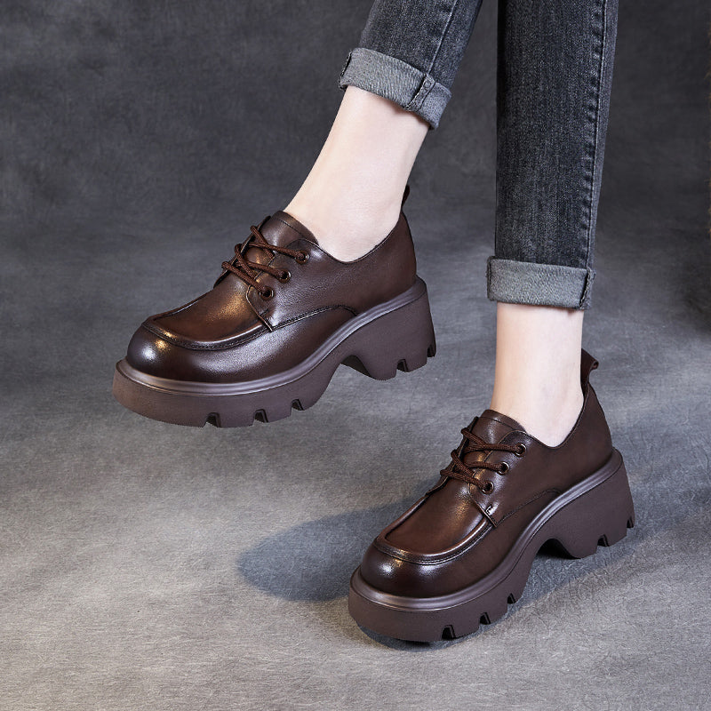 Women's Leather Chunky Heel Lace-Up Oxfords
