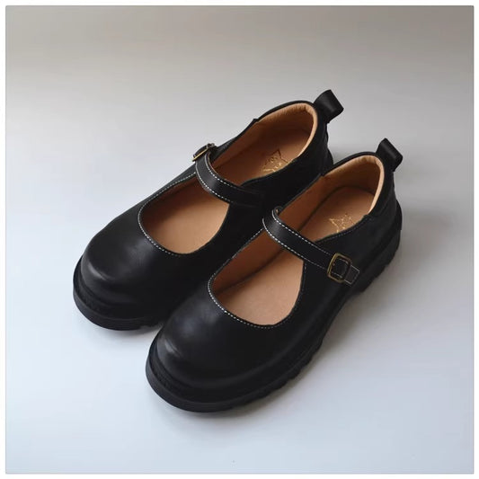 Women's Leather Buckle Chunky Block Low Heel Mary Jane Shoes