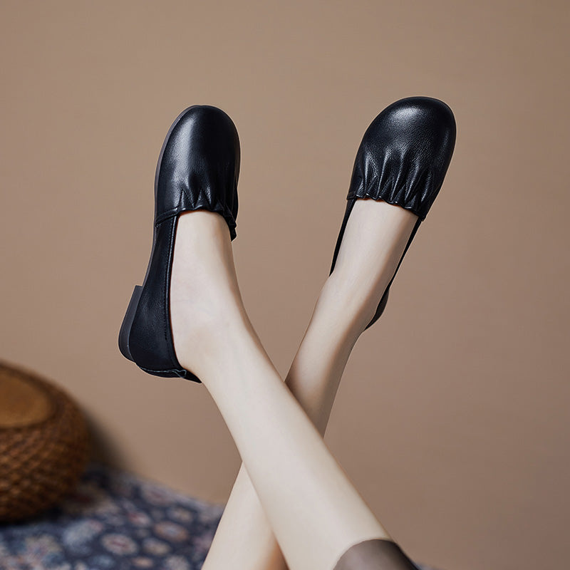 Women's Soft Leather Pleated Daily Slip-On Walking Flats