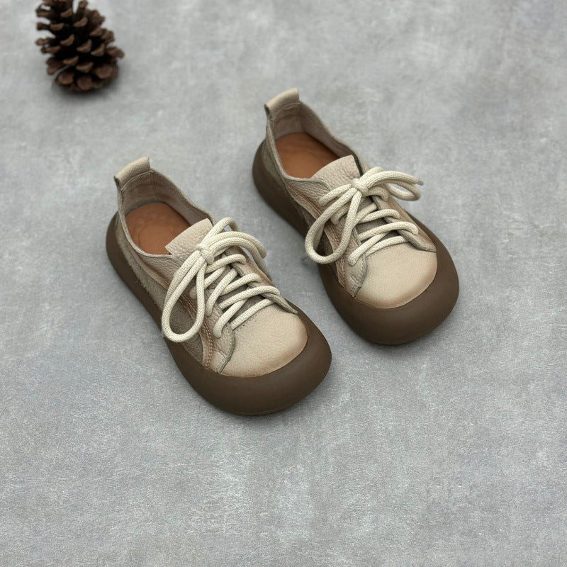 Women's Soft Leather Lace-Up Flats – Round Toe Comfort Shoes