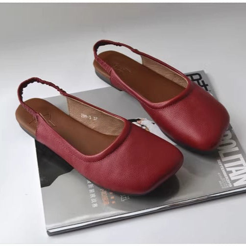 Women's Closed Toe Slip On Leather Heel Hollow Out Flat Sandals