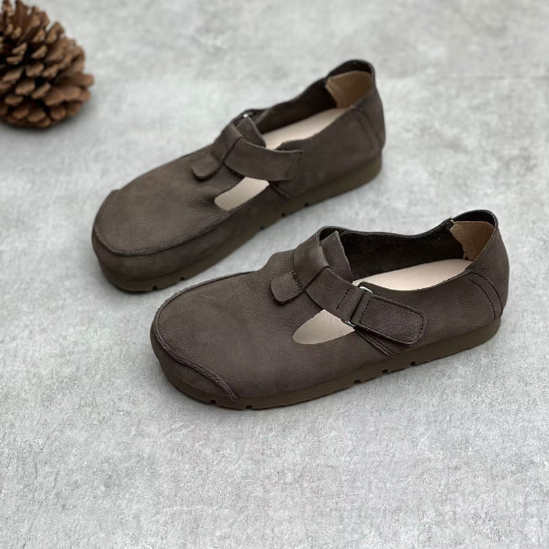 Comfortable Vintage Leather Velcro Mary Jane Flats Womens Shoes