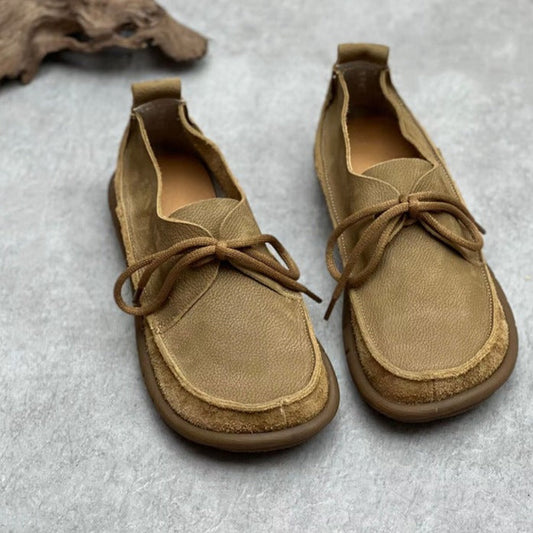 Handmade Leather Lace-Up Flats for Women – Retro Soft Casual Shoes