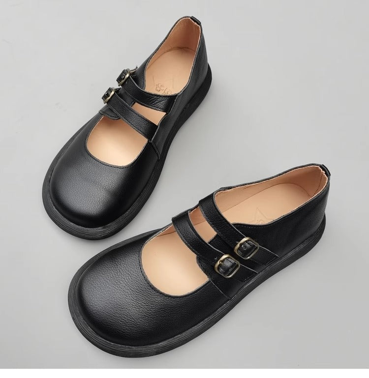 Women's Wide Toe Box Double Buckle With Handmade Leather Mary Jane Flats