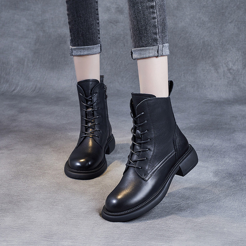 Women's Leather Vintage Zipper Lace Up Block Heel Ankle Boots