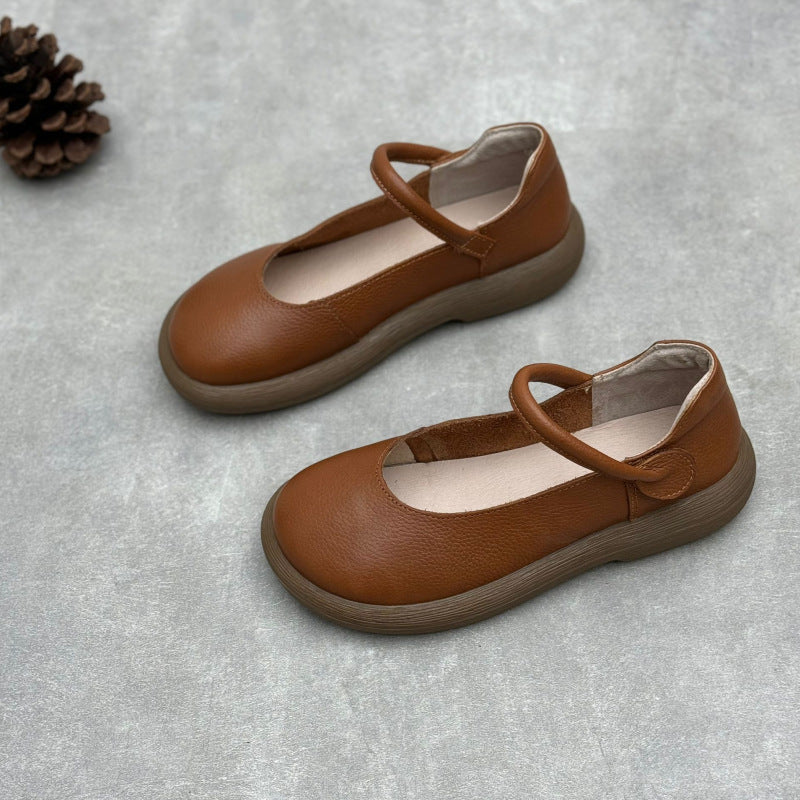 Women's Leather Handmade Soft Sole Round Toe Mary Jane Flat Shoes