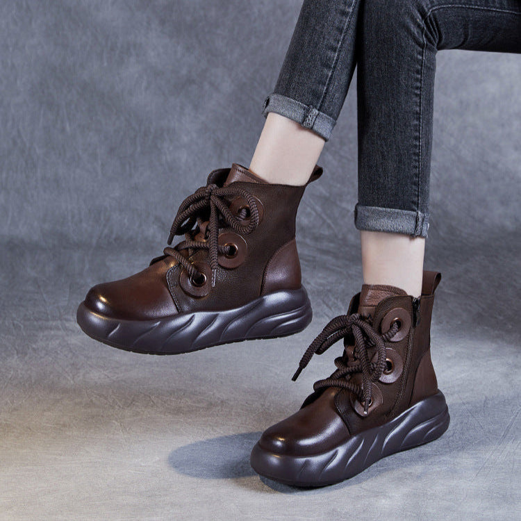 Women's Genuine Leather Lace-Up Ankle Boots – Casual Platform Chunky Sole