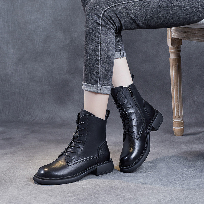 Women's Leather Vintage Zipper Lace Up Block Heel Ankle Boots