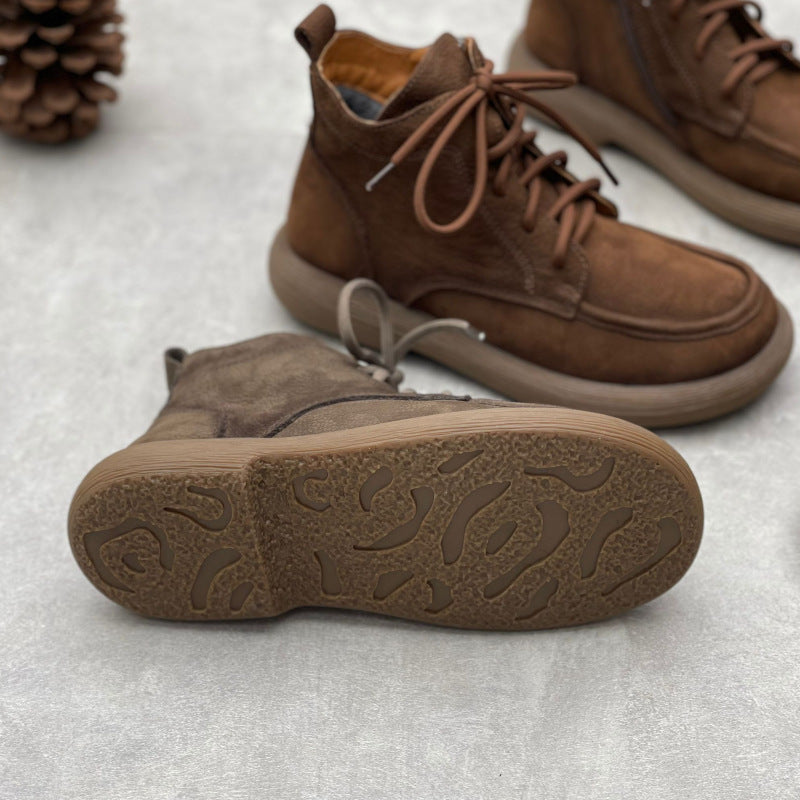 Women's Vintage Leather Lace-Up Zipper Ankle Boots – Flat Casual Comfort